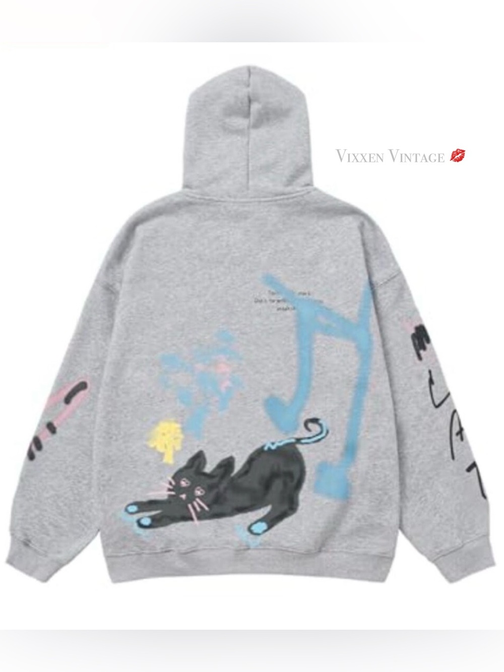 AELFRIC EDEN UNISEX BLACK CAT 'CARTOON GRAFFITI OVERSIZED HOODIE' IN GREY - Picture 5 of 8